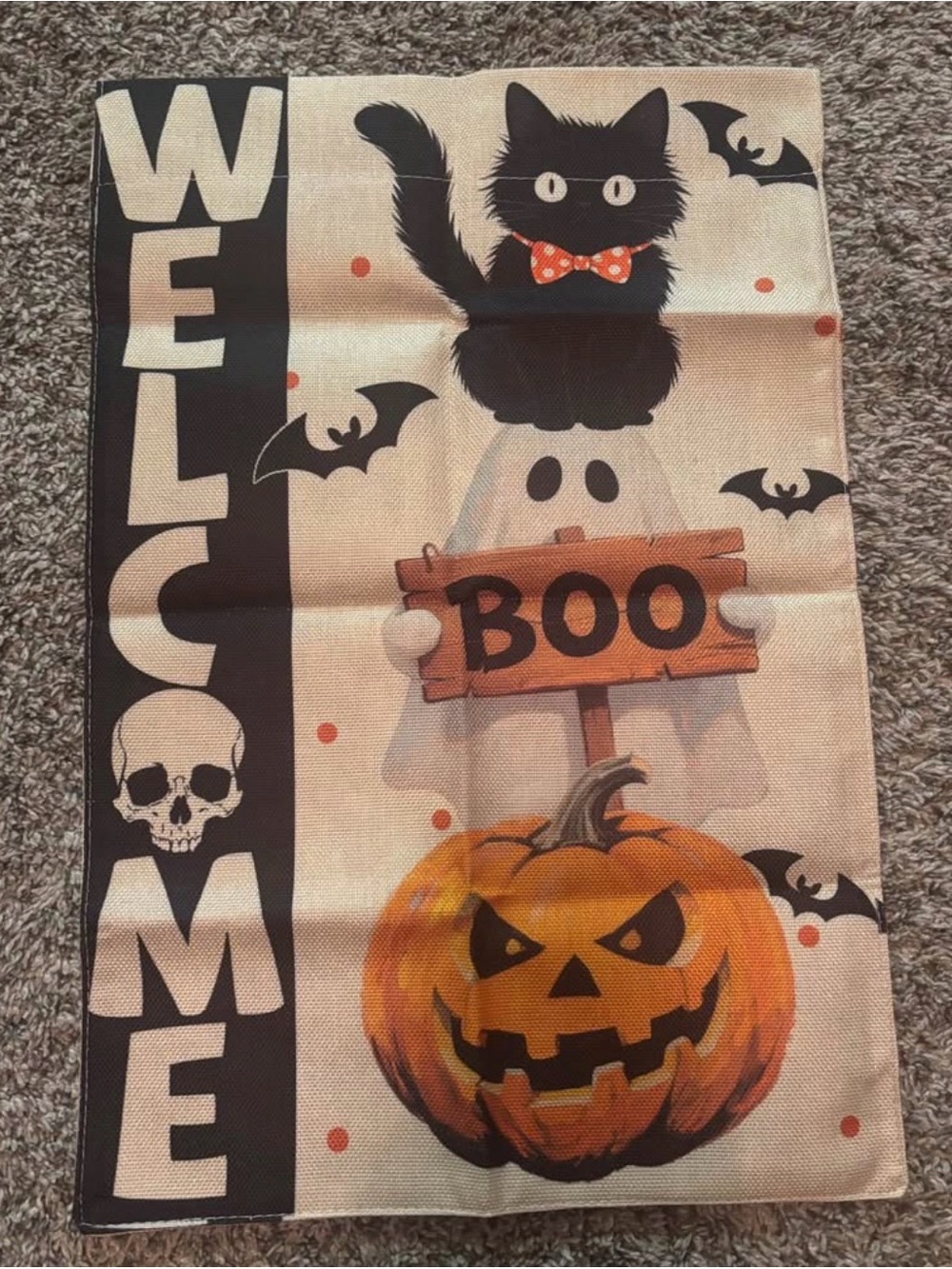 Halloween Welcome Flag - Black Cat, Pumpkin & Ghost Design